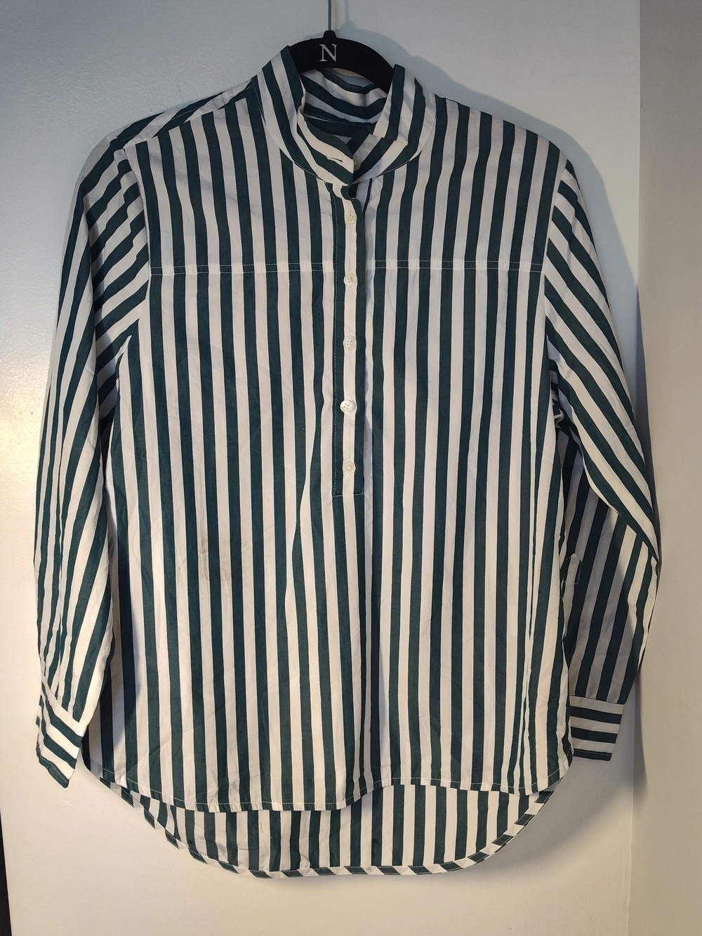 J. Crew Green and White Vertical Stripe Band-Collar Blouse #781